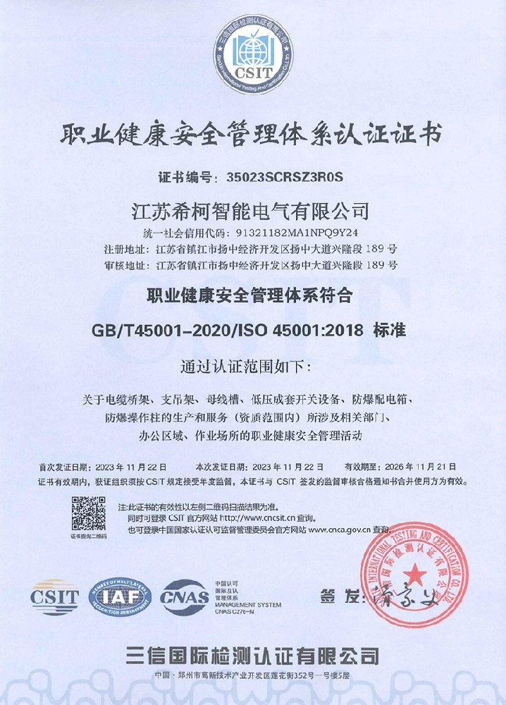 職業(yè)健康安全管理體系認(rèn)證證書(shū)